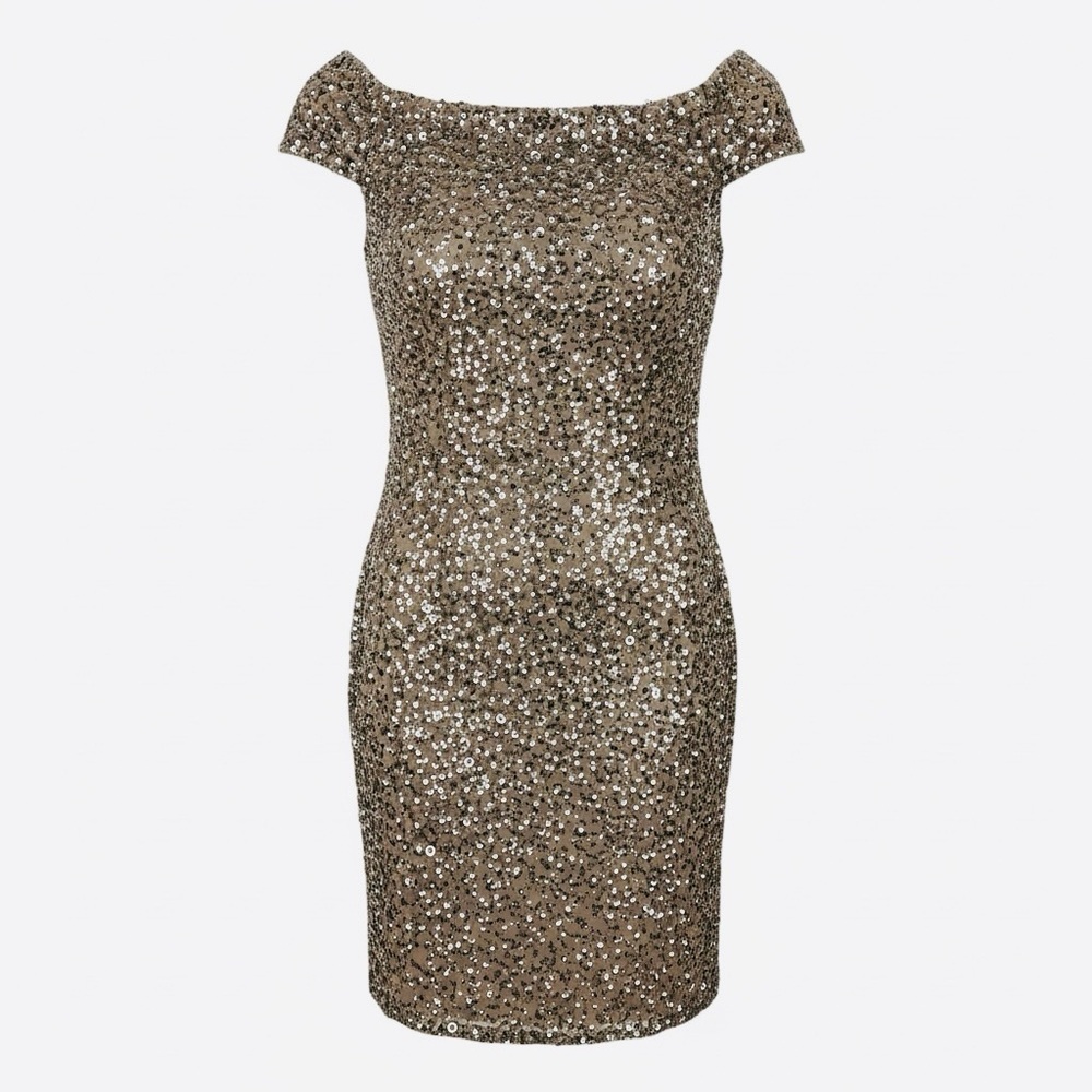 Adrianna Papell Off Shoulder Crunchy Bead Dress Antique Bronze Sz 16W NWT